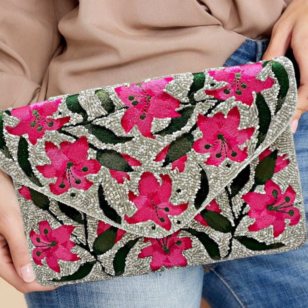 Pink Hibiscus Silver Seed Glass Beaded Crossbody Chain Clutch Bag NEW